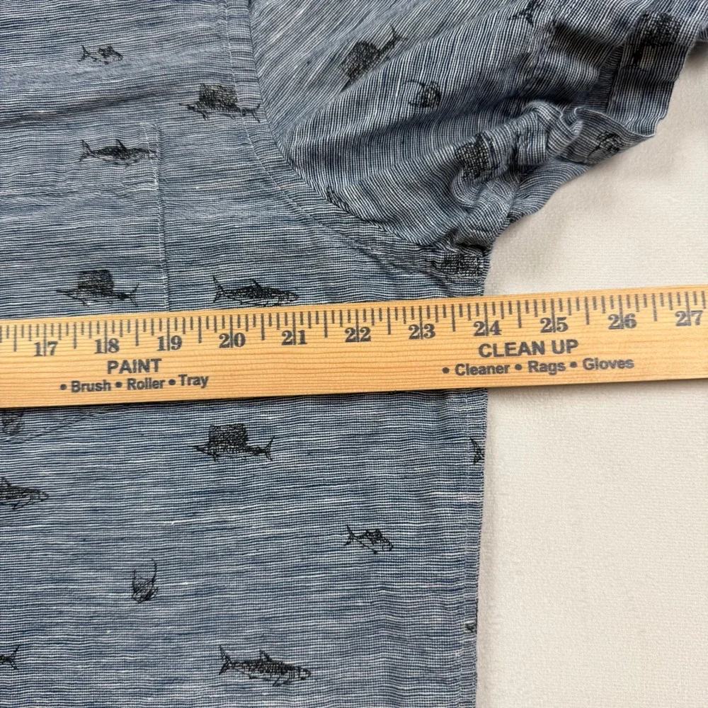 Banana Republic Mens XL Slim Fit Linen‎ Cotton Shark Sailfish Print Shirt Blue